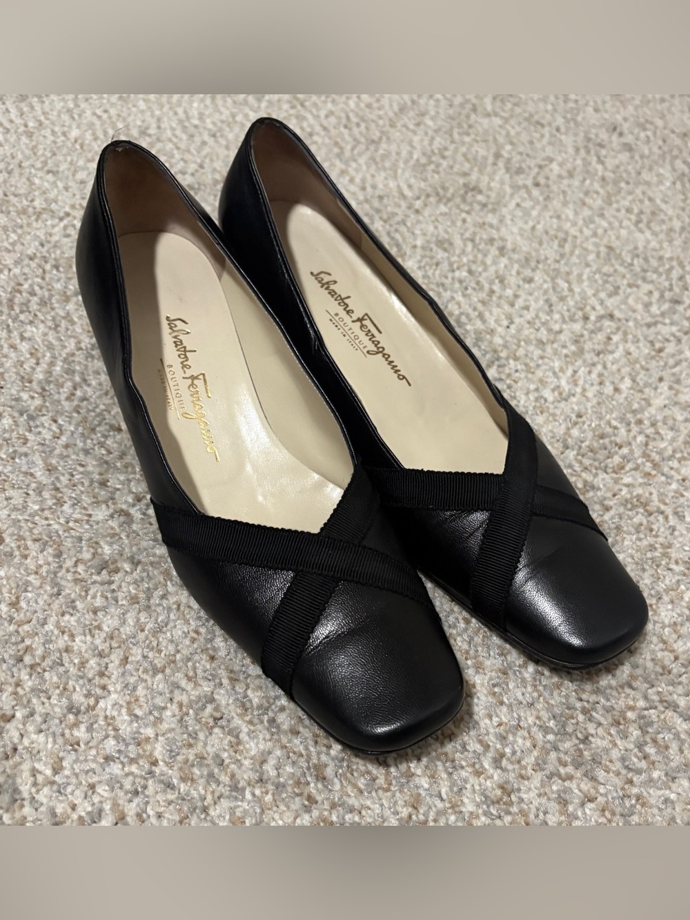 Salvatore Ferragamo Black Leather Cross-Strap Accent Pumps